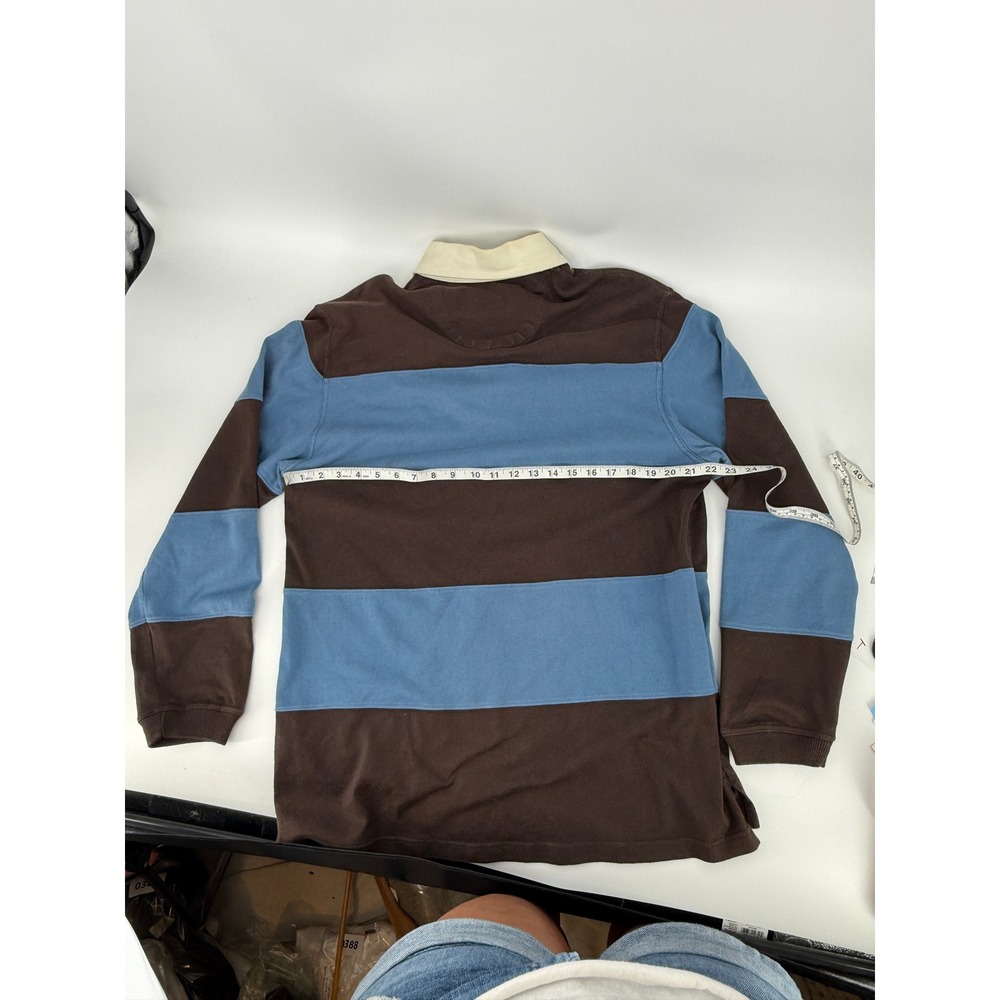 Arrow Vintage Rugby Shirt Mens‎ Large Brown Blue Striped Heavy Duty Cotton Polo - Picture 7 of 9